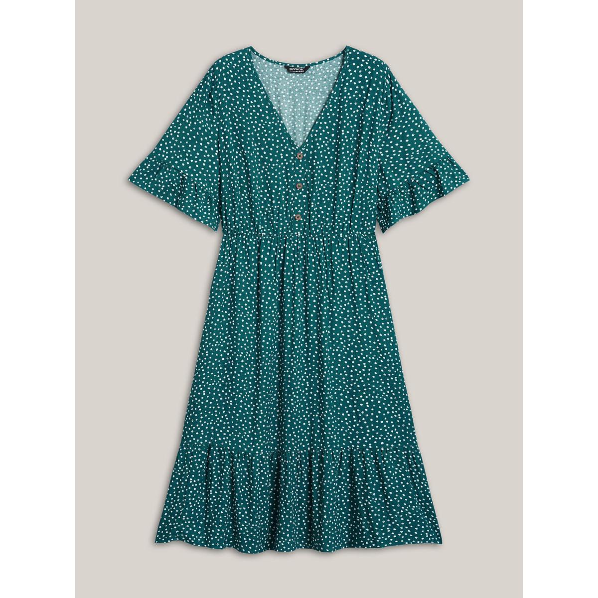 Plus Size Button Detail Front Tiered Ruffle Sleeve Midi Dress Cyan Women At the Office Button V-neck Half Sleeve Curvy BloomChic 28/5X Product Image