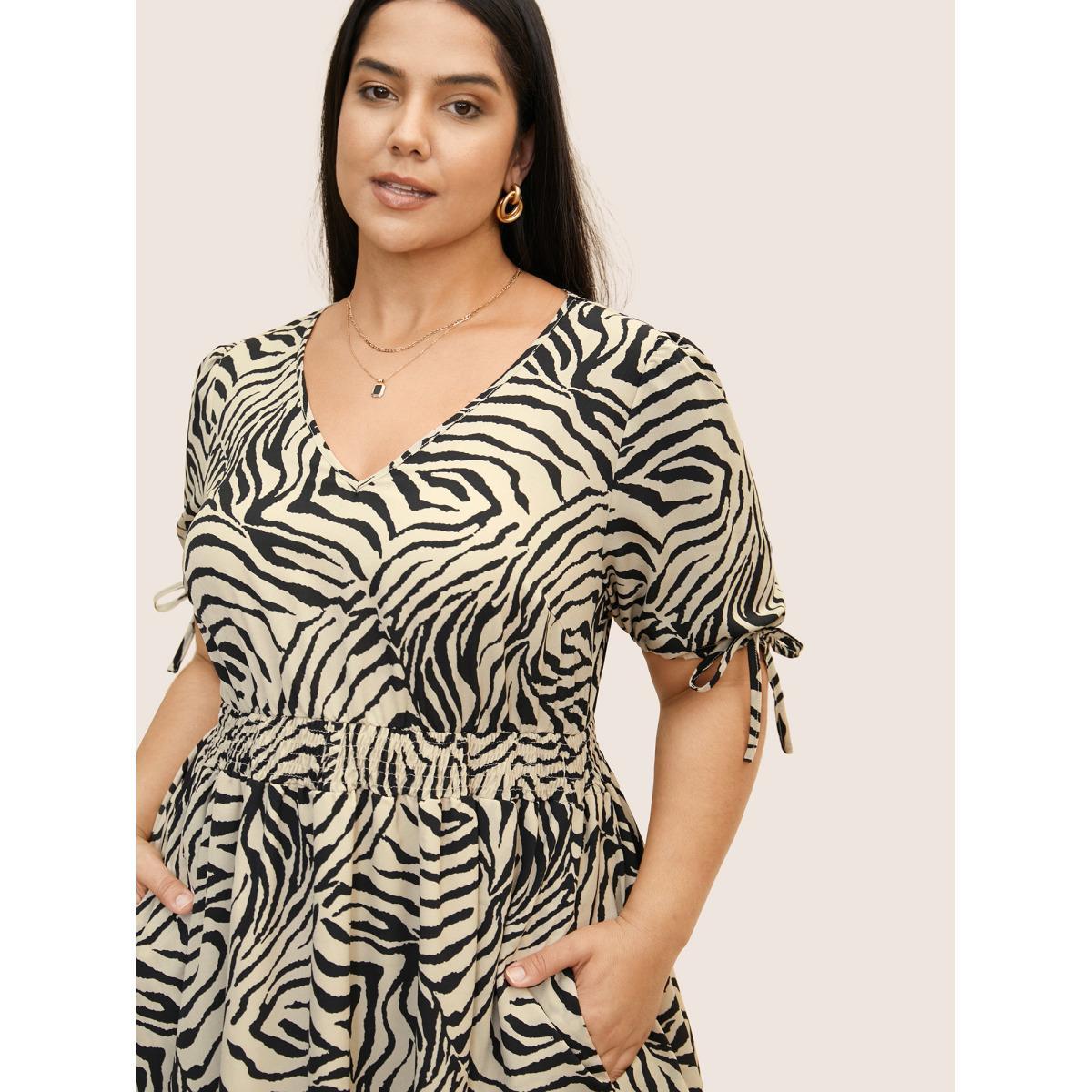 Plus Size Zebra Print Elastic Waist Drawstring Sleeve Dress Black Women At the Office V-neck Short sleeve Curvy BloomChic 26/4X Product Image