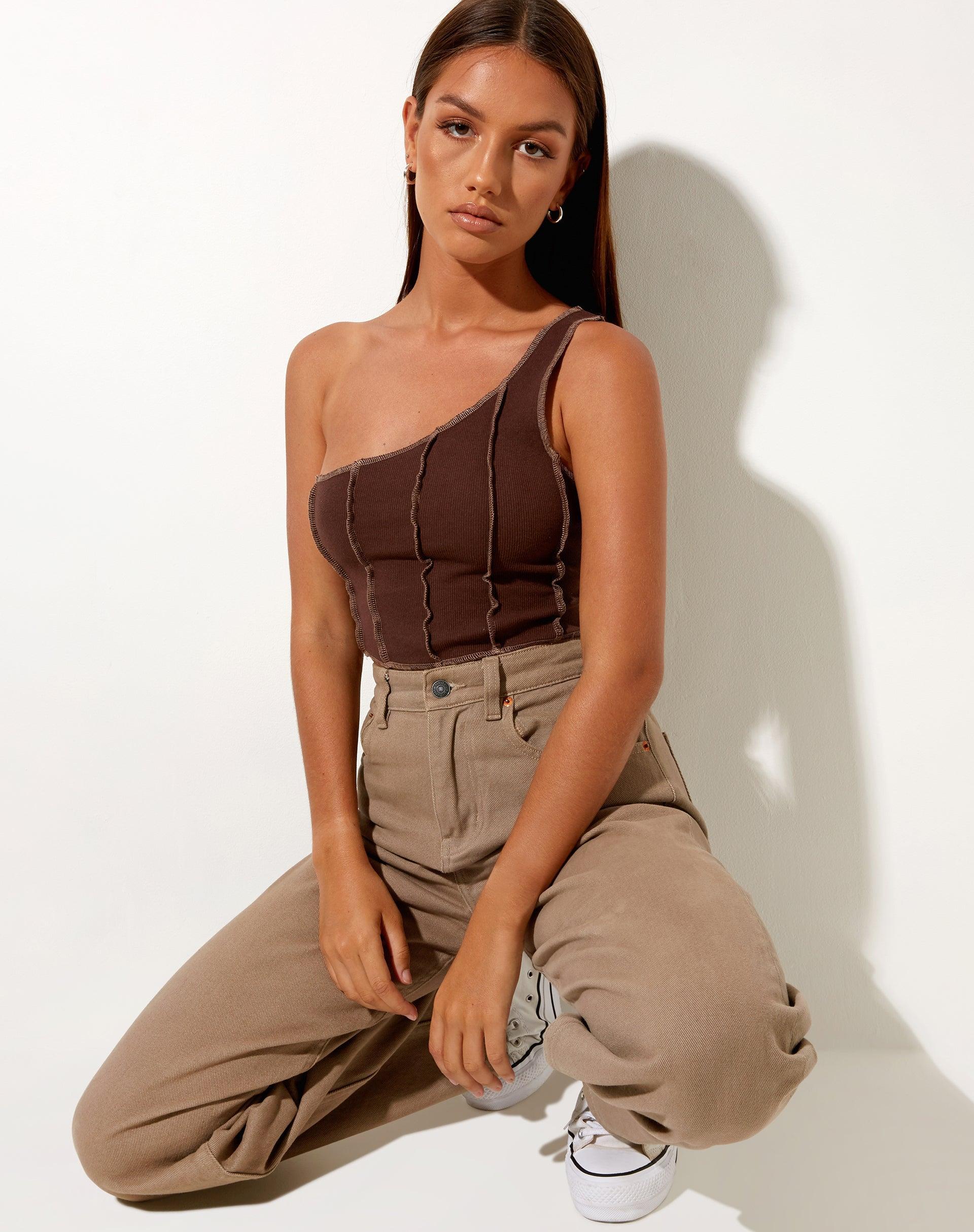 Rara Crop Top in Rib Deep Mahogany with Brown Stitching Product Image