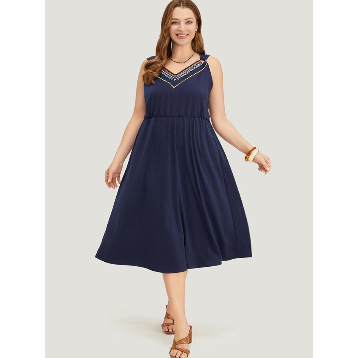 Plus Size Geometric Embroidered Buckle Detail Pocket Ruffle Hem Cami Dress Indigo Women Vacation Embroidered V-neck Sleeveless Curvy Midi Dress BloomChic 10/M Product Image