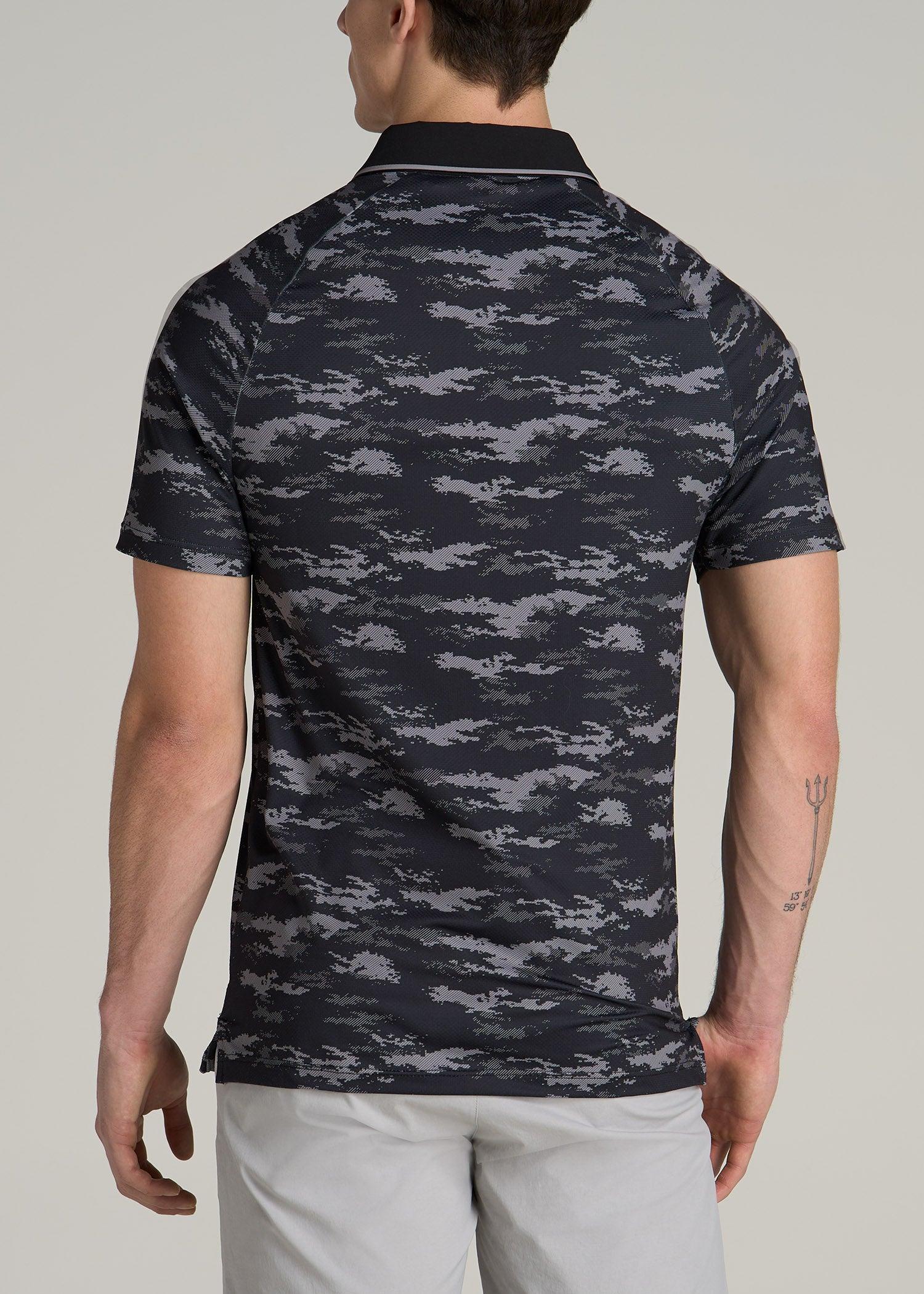 Contrast Collar A.T. Performance Print Golf Tall Men's Polo Shirt in Black and Grey Camo Product Image