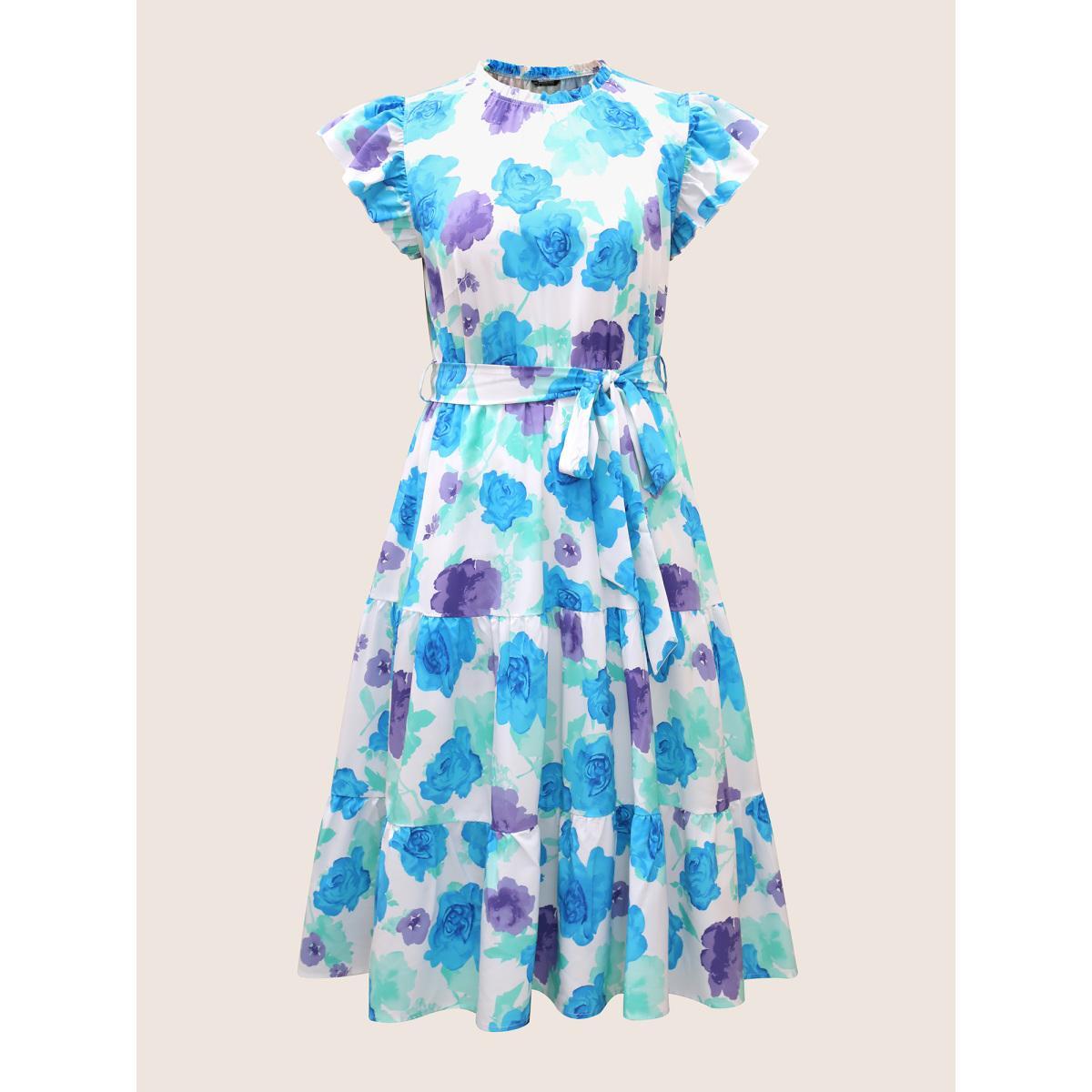 Plus Size Floral Gathered Ruffle Cap Sleeve Belted Dress White Women Elegant Belted Round Neck Cap Sleeve Curvy BloomChic 28/5X Product Image