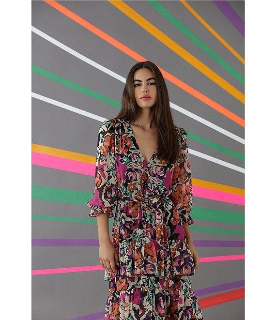 Donna Morgan Printed V Neckline Long Sleeve Tiered Midi Dress Product Image