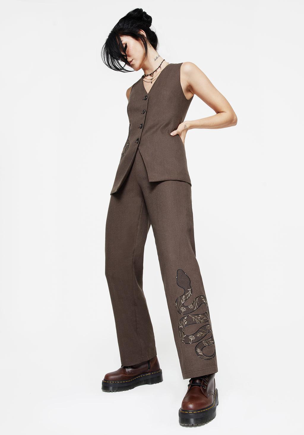 Gaia Linen Blend Snake Embroidered Wide Leg Trouser Product Image