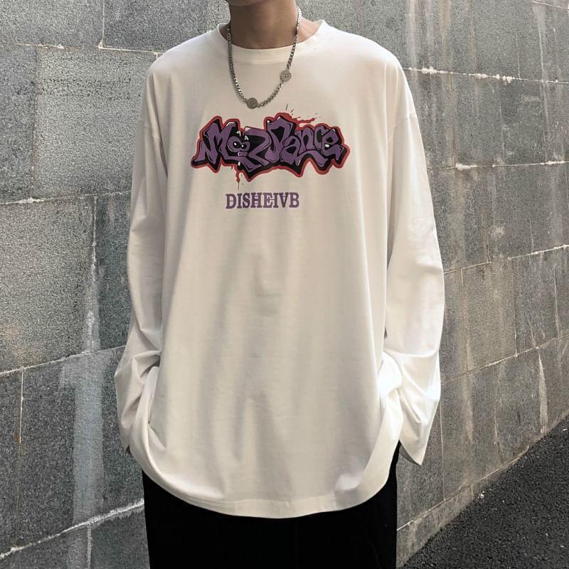 Long Sleeve Crew Neck Graffiti Print Oversized T-Shirt Product Image