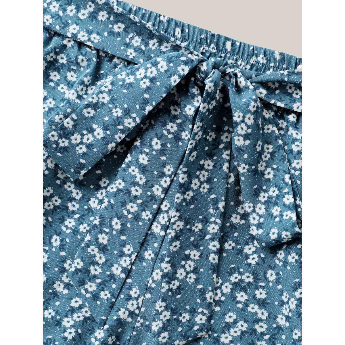 Plus Size Floral Print Belted Wide-Leg Pants Women Mediumblue Elegant Wide Leg Mid Rise Everyday-Elegant Pants BloomChic 26/4X Product Image