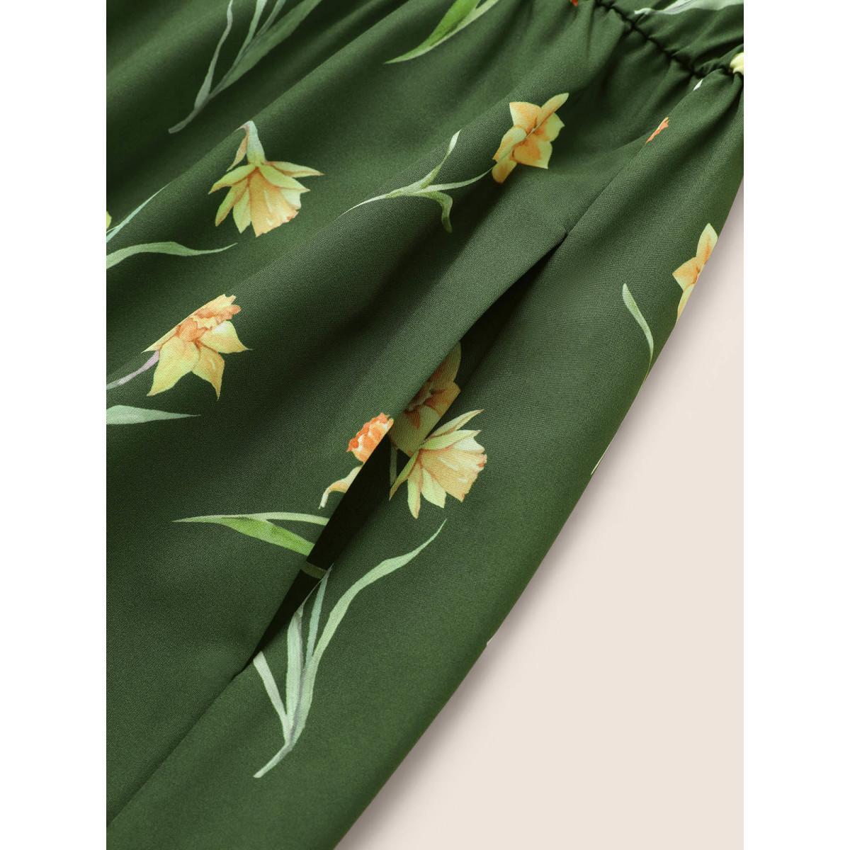 Plus Size Floral Print Gathered Elastic Waist Midi Dress Moss Women Elegant Non Round Neck Short sleeve Curvy Midi Dress BloomChic 18-20/2X Product Image