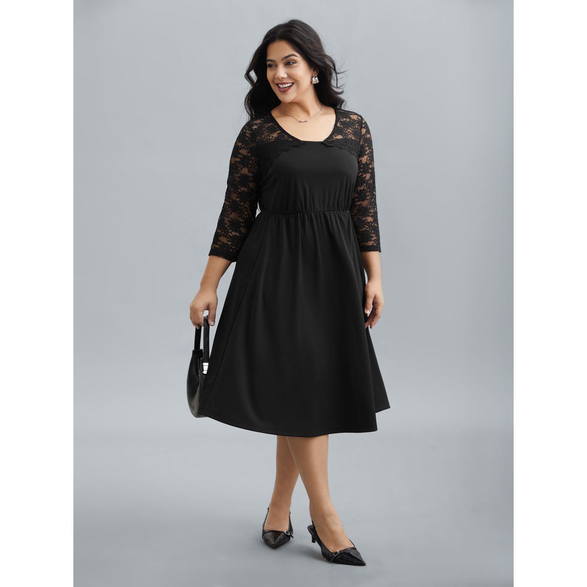 Plus Size Sheer Lace Sleeve Fit and Flare Midi Dress Black Women At the Office Woven ribbon&lace trim Asymmetrical Neck Elbow-length sleeve Curvy BloomChic 10/M Product Image
