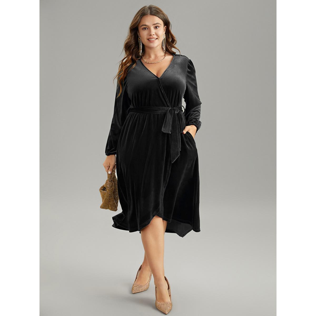 Plus Size Solid Velvet Belted Wrap Arc Hem Dress Deeppurplered Women Elegant Elastic cuffs Overlap Collar Long Sleeve Curvy Midi Dress BloomChic 30/6X Product Image
