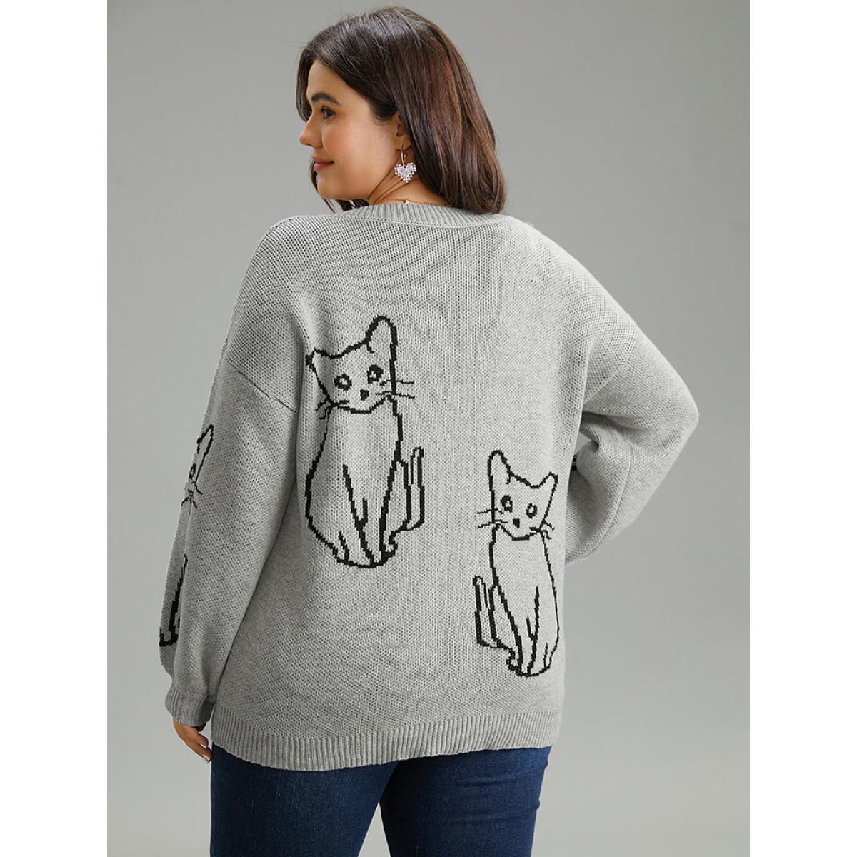 Plus Size Supersoft Essentials Cat Print V Neck Pullover DarkGray Women Casual Long Sleeve V-neck Dailywear Pullovers BloomChic 14-16/1X Product Image