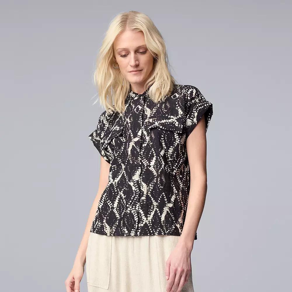 Women's Simply Vera Vera Wang Short Sleeve Linen Shirt, Size: Small, Black Diamond Dye Product Image