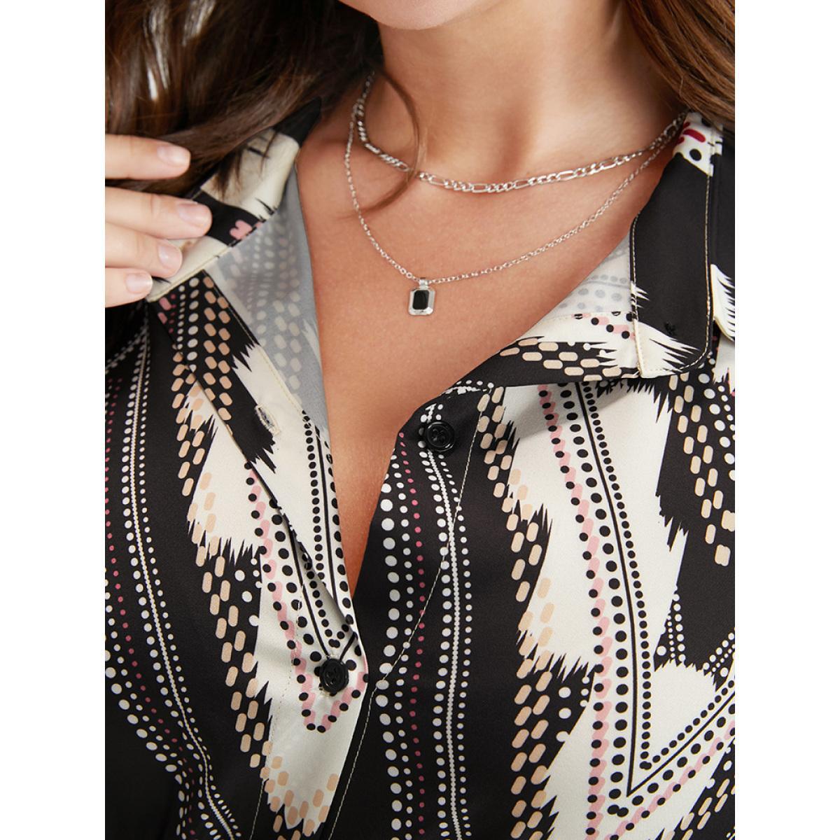 Plus Size Geometric Shirt Collar Pocket Button Up Shirred Dress Black Women Elegant Printed Shirt collar Long Sleeve Curvy Long Dress BloomChic 14-16/1X Product Image