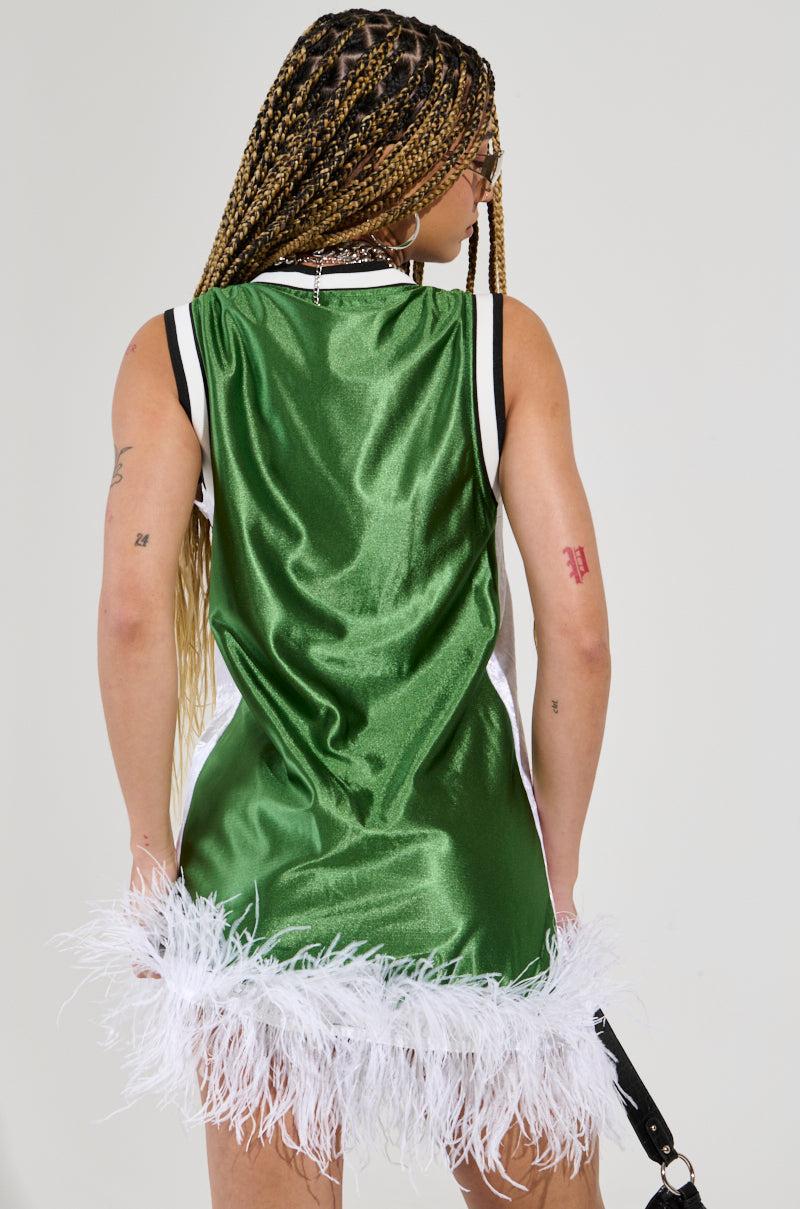 RUN THE COURT JERSEY MINI DRESS WITH FEATHER TRIM IN GREEN Product Image