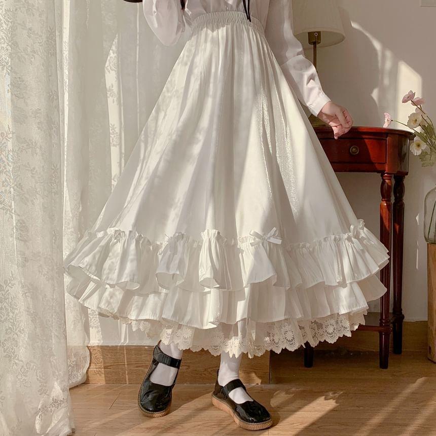 High Waist Plain Lace Ruffle Midi A-Line Skirt / Petticoat Product Image