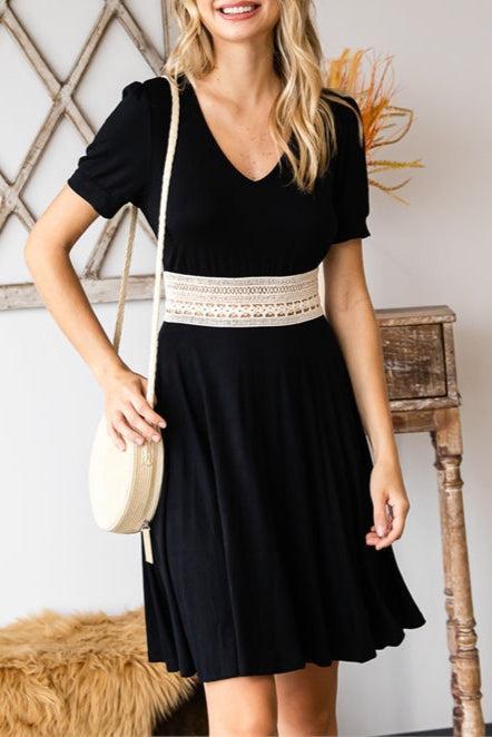 Black Crochet Waist V-Neck Dress Product Image