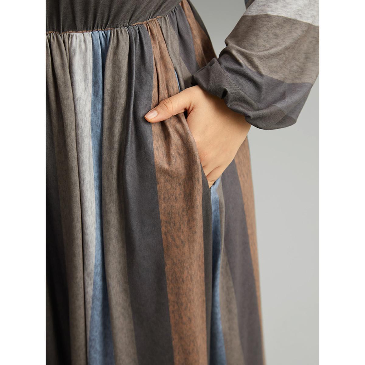 Plus Size Striped Colorblock Contrast Lantern Sleeve Dress Multicolor Women Casual Elastic cuffs Round Neck Long Sleeve Curvy Midi Dress BloomChic 22-24/3X Product Image
