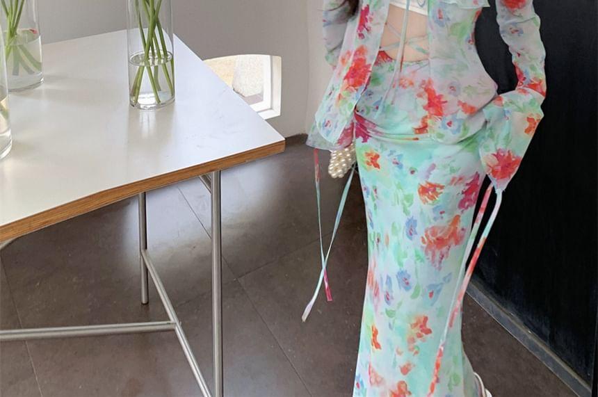 Set: Long-Sleeve Floral Tie Front Blouse + High Waist Maxi Pencil Skirt Product Image