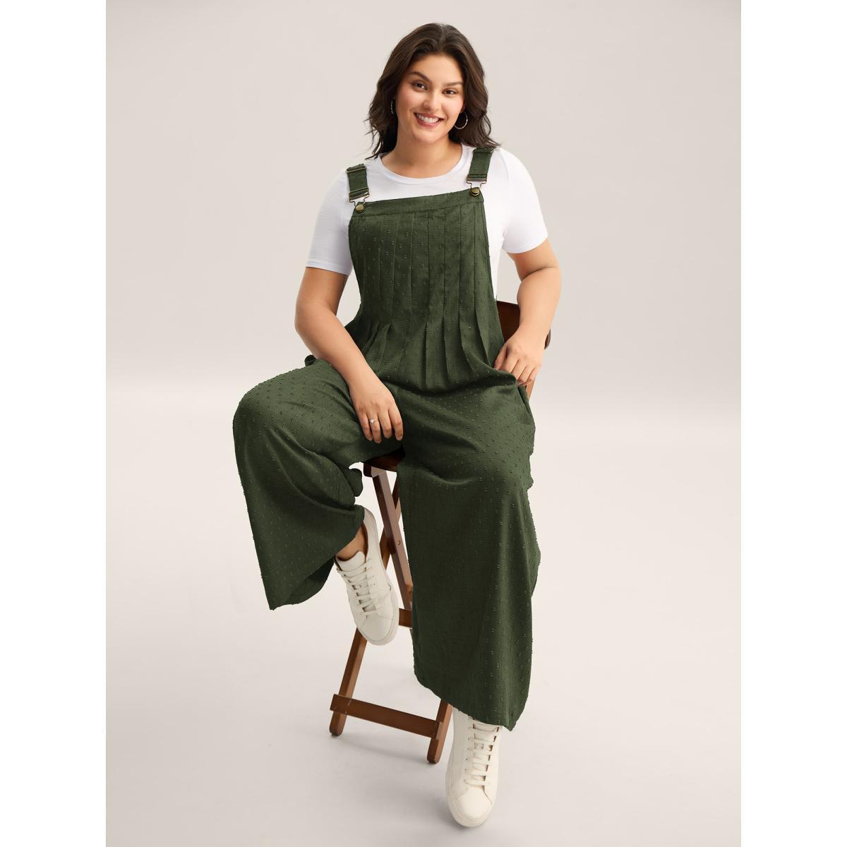 Plus Size ArmyGreen Textured Plicated Detail Overall Straps Jumpsuit Women Sleeveless Square Neck Everyday-Casual Loose Jumpsuits BloomChic 28/5X Product Image