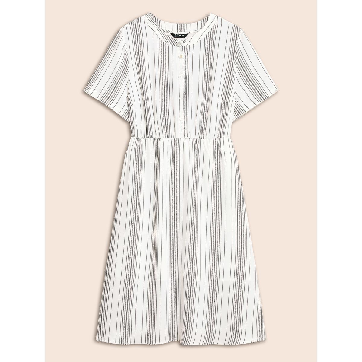 Plus Size Round Neck Striped Button Up Midi Dress WhiteSmoke Women At the Office Button Round Neck Short sleeve Curvy BloomChic 18-20/2X Product Image