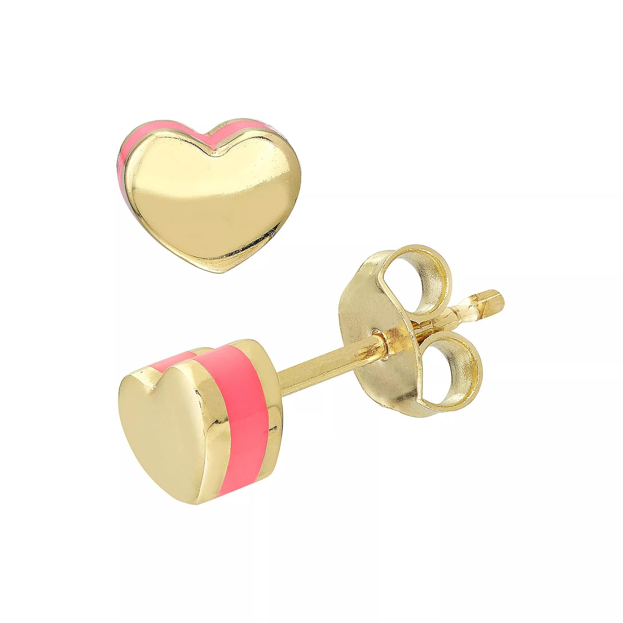 Color Romance 14k Gold 5 mm Pink Enamel Domed Heart Stud Earrings, Women's Product Image