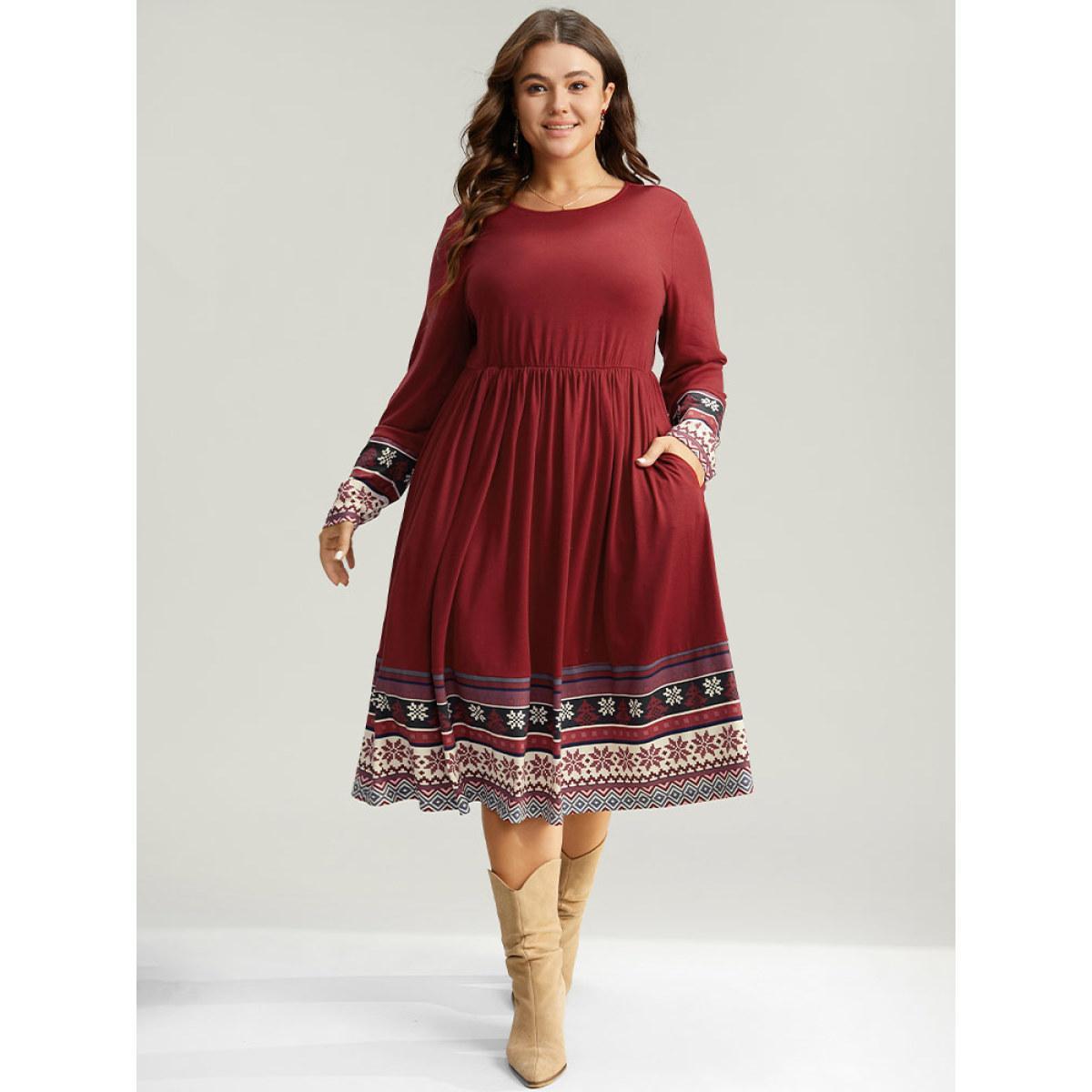 Plus Size Christmas Boho Print Patchwork Elastic Waist Dress Raspberry Women Casual Gathered Round Neck Long Sleeve Curvy Midi Dress BloomChic 10/M Product Image
