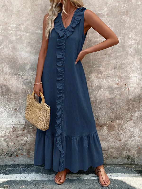 A-Line Loose Pleated Ruffle Trim Solid Color V-Neck Maxi Dresses Product Image