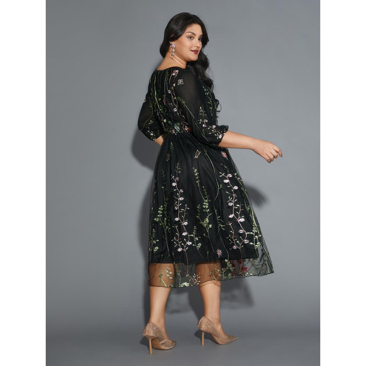Plus Size Floral Embroidered Elastic Waist Lined Midi Dress Black Women Cocktail Texture Party Curvy Bloomchic 18-20/2X Product Image