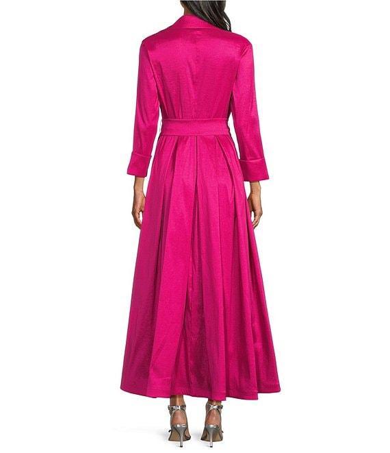 Marina 3/4 Sleeve Point Collar Neck Tie Waist Taffeta Midi A-Line Dress Product Image