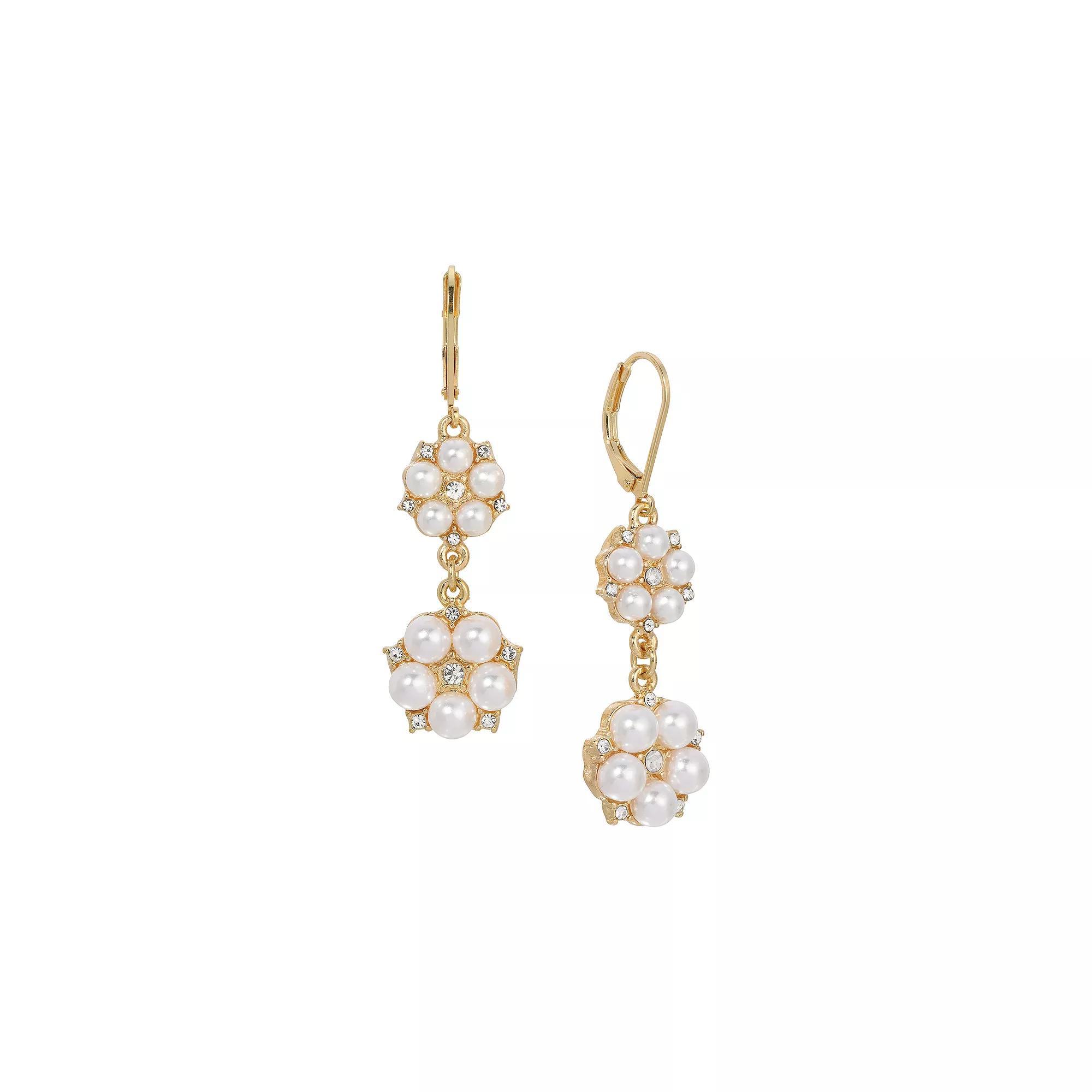 1928 Gold Tone Round Faux Pearl Drop Leverback Earrings, Womens, White Product Image