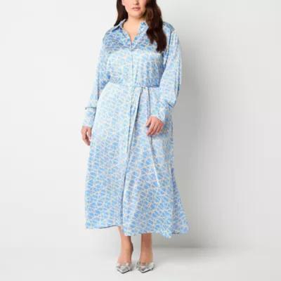 Worthington Womens Long Sleeve Geometric Shirt Dress Plus Product Image