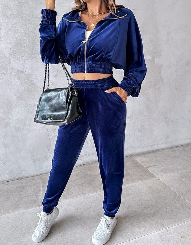 Set: Stand Collar Plain Zip-Up Velvet Crop Jacket + High Waist Harem Pants Product Image