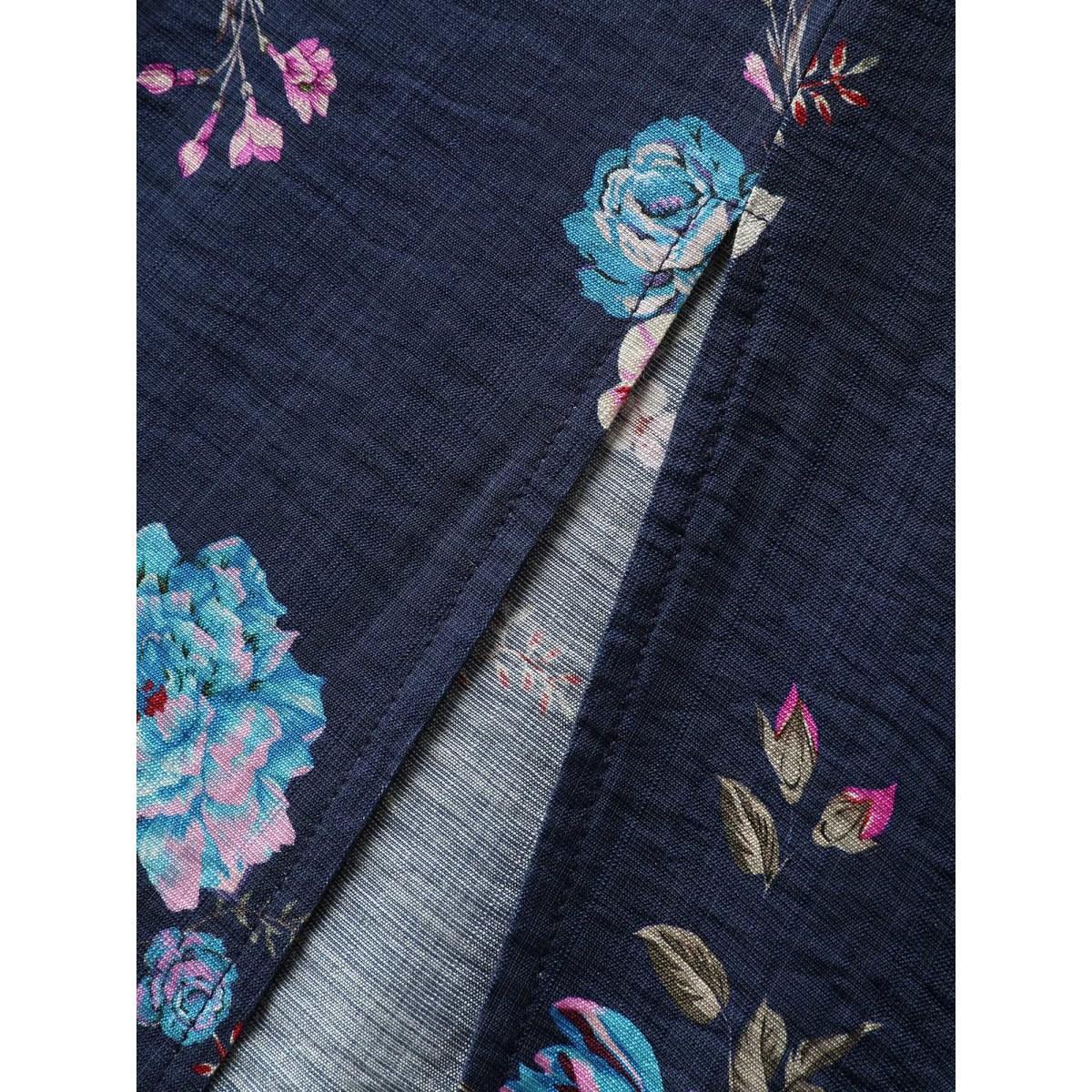 Plus Size Floral Print Shirred Waist Slit Midi Dress DarkBlue Women Slit V-neck Short sleeve Curvy BloomChic 14-16/1X Product Image
