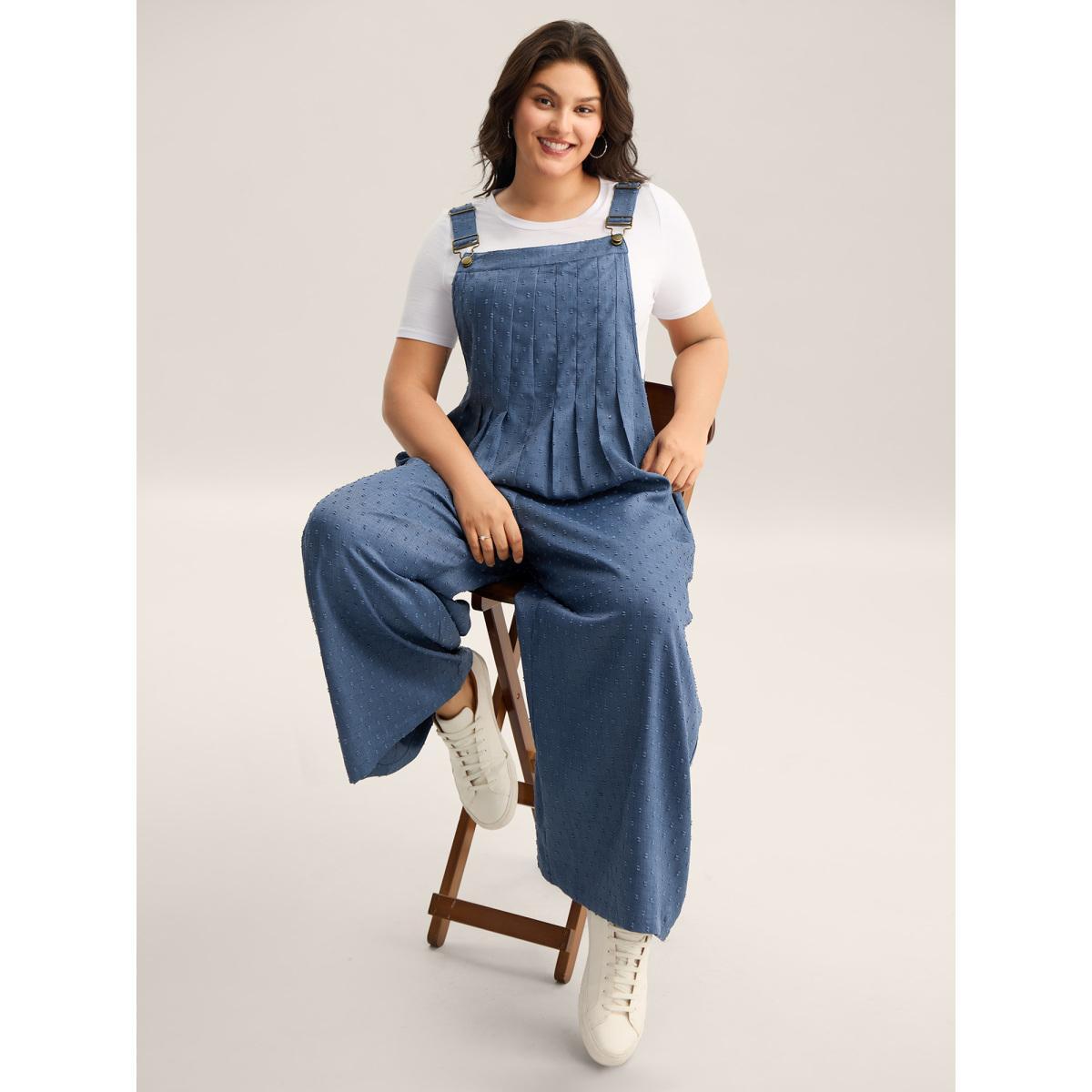 Plus Size Mediumblue Textured Plicated Detail Overall Straps Jumpsuit Women Sleeveless Square Neck Everyday-Casual Loose Jumpsuits BloomChic 12/L Product Image