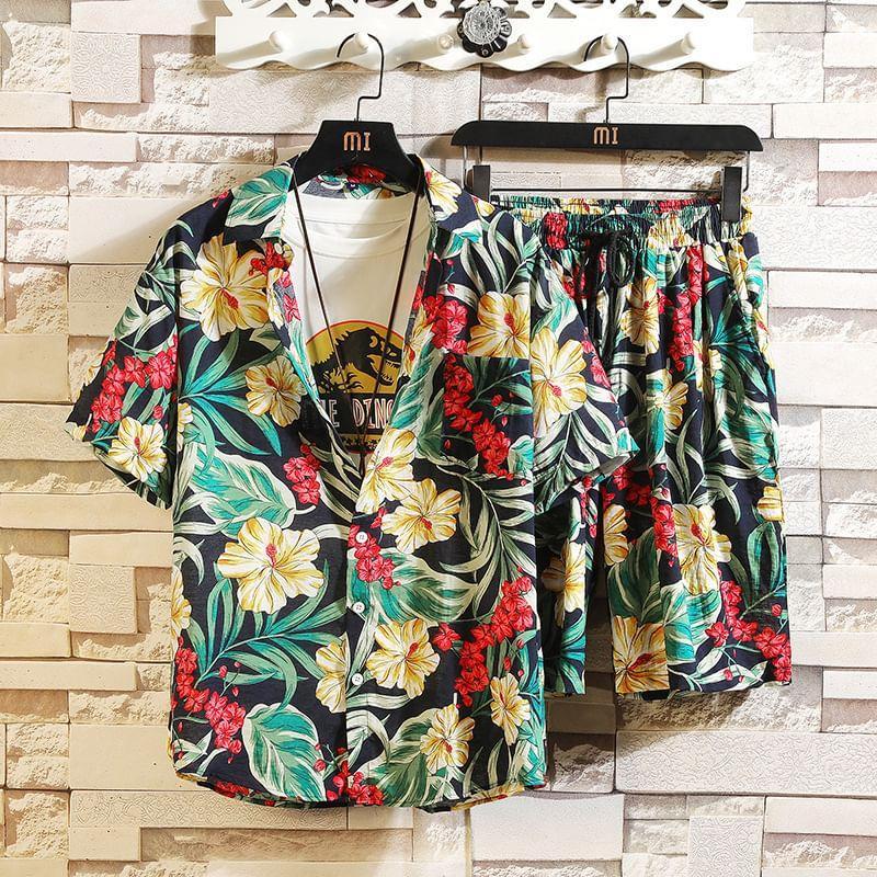 Short-Sleeve Collared Print Button Up Shirt + Mid Rise Plain Shorts Product Image
