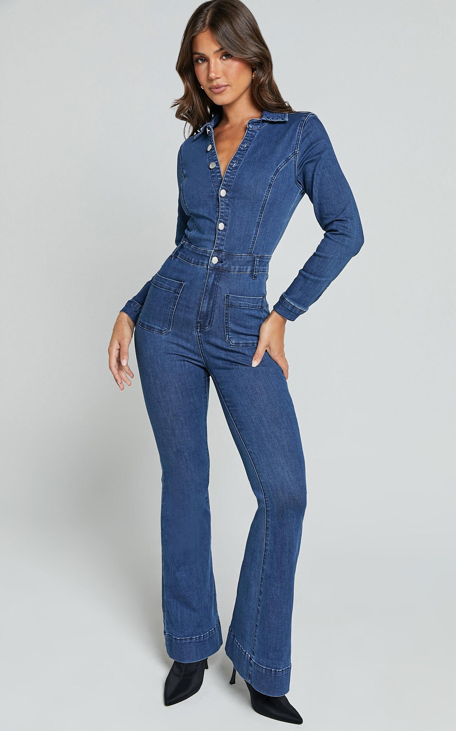 Vivi Jumpsuit - Button Front Wide Leg Denim Jumpsuit in Indigo Wash Product Image