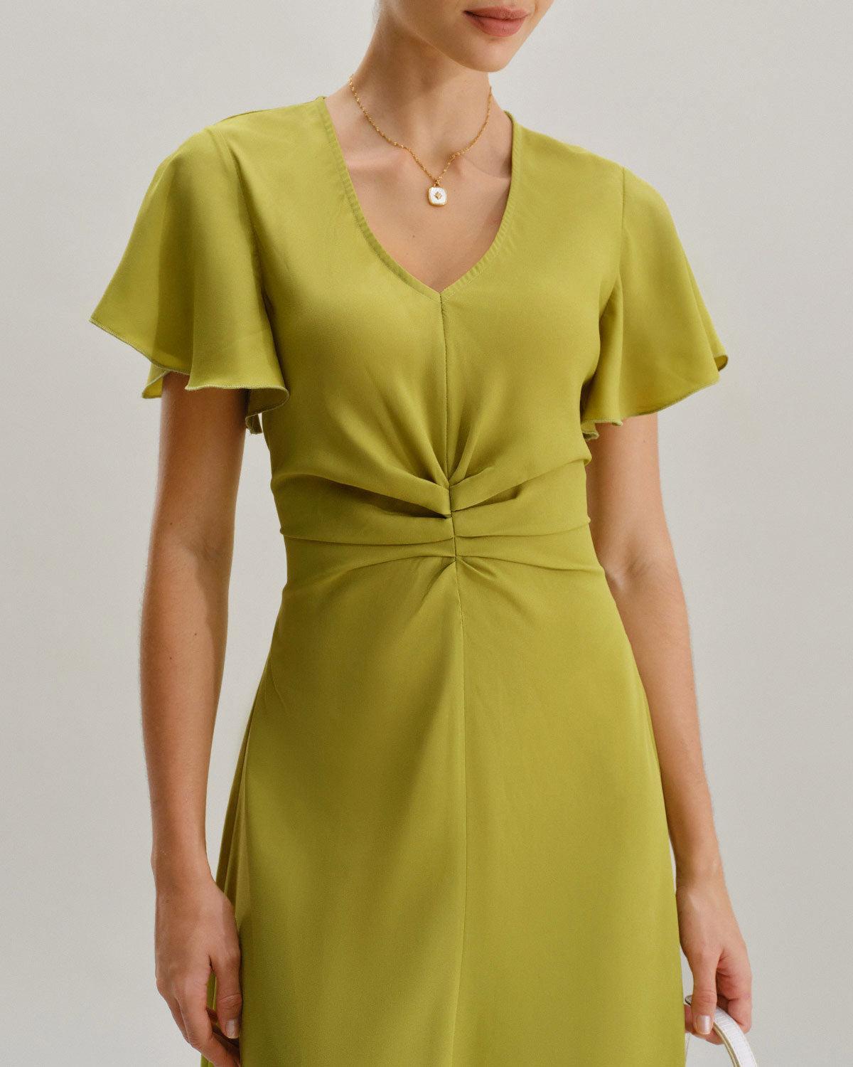 Green V Neck Ruffle Sleeve Midi Dress Product Image