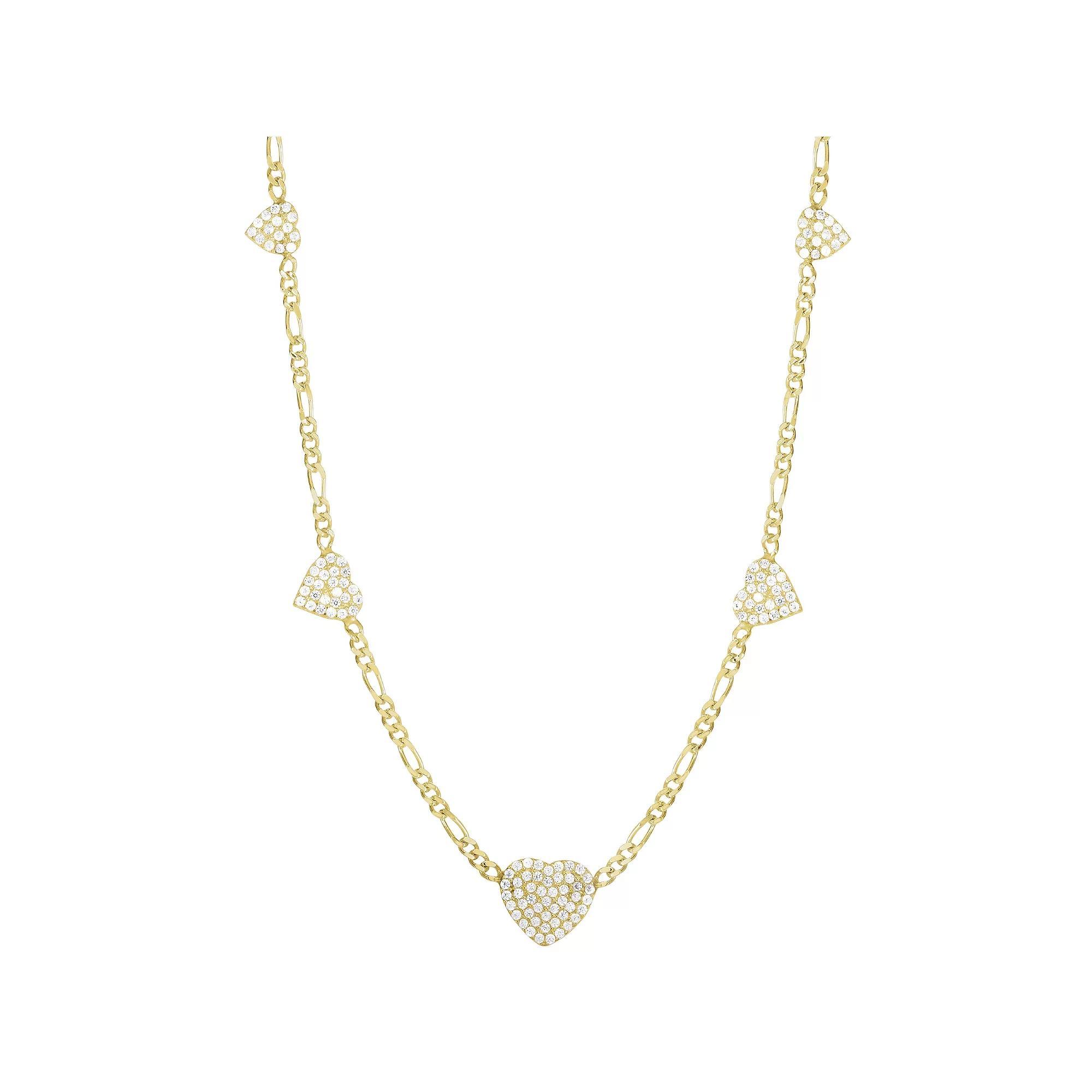Sunkissed Sterling 14k Gold over Silver CZ Heart Charm Figaro Choker Necklace, Women's, Size: 14", Gold Tone Product Image