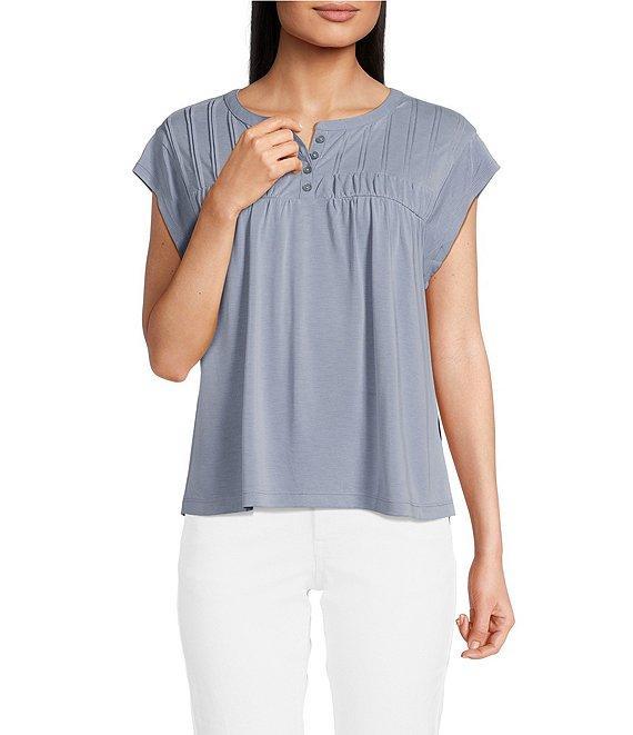Lucky Brand Knit Crew Neck Short Sleeves Smocked Henley Top Product Image
