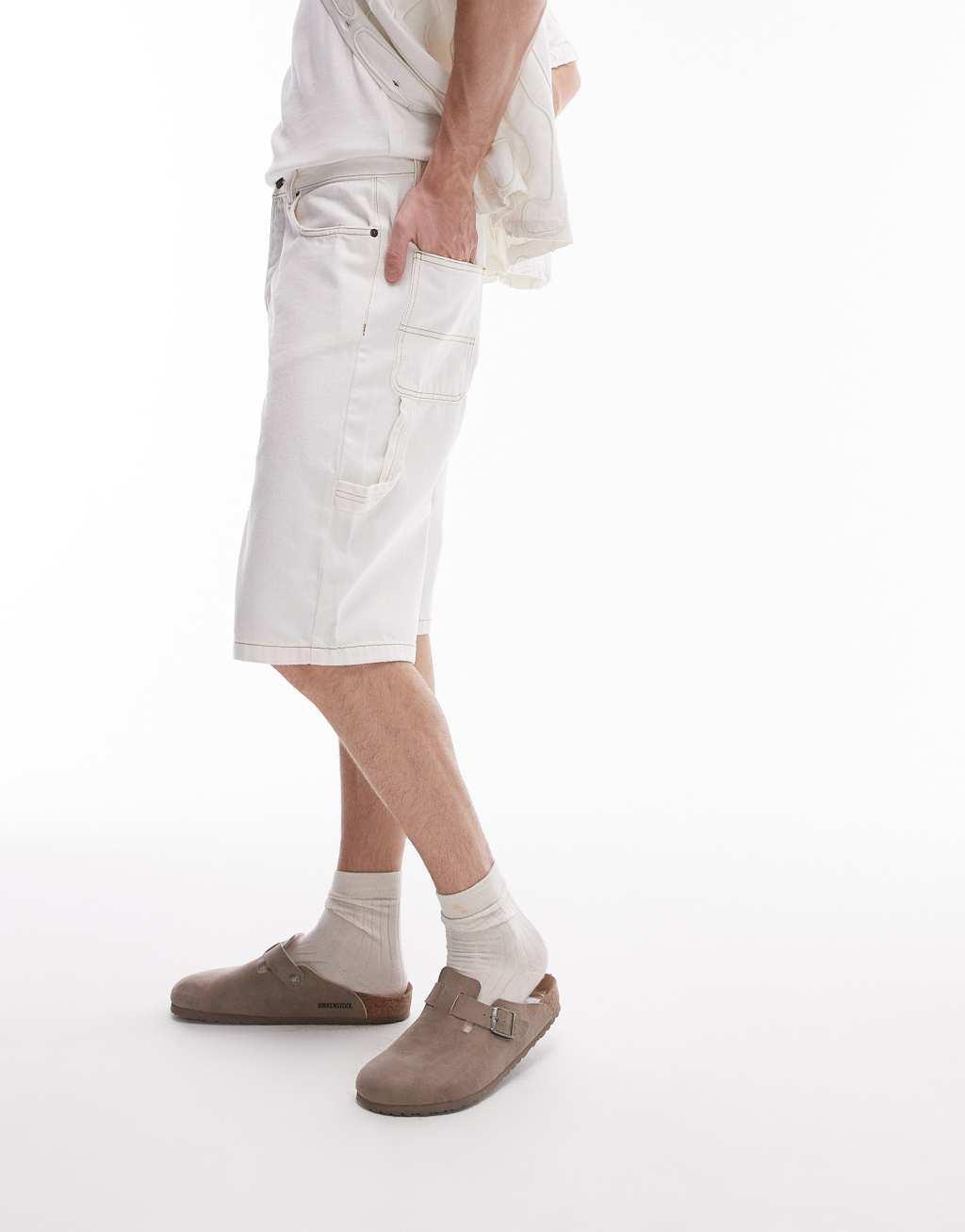Topman longline carpenter denim short in ecru Product Image