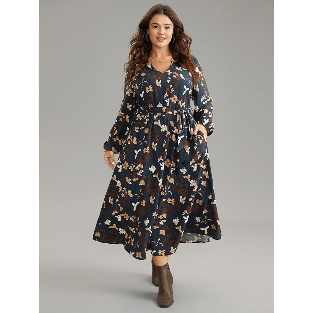 Plus Size Floral Print Notched Belted Lantern Sleeve Dress DarkBlue Women Elegant Elastic cuffs Notched collar Long Sleeve Curvy Midi Dress BloomChic 14-16/1X Product Image