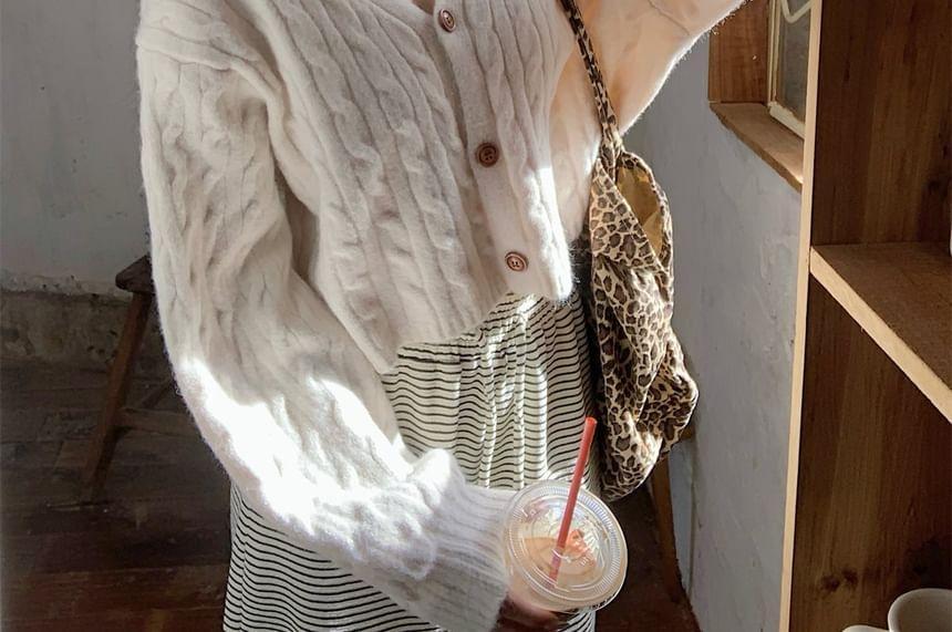 V-Neck Plain Cable Knit Cardigan Product Image