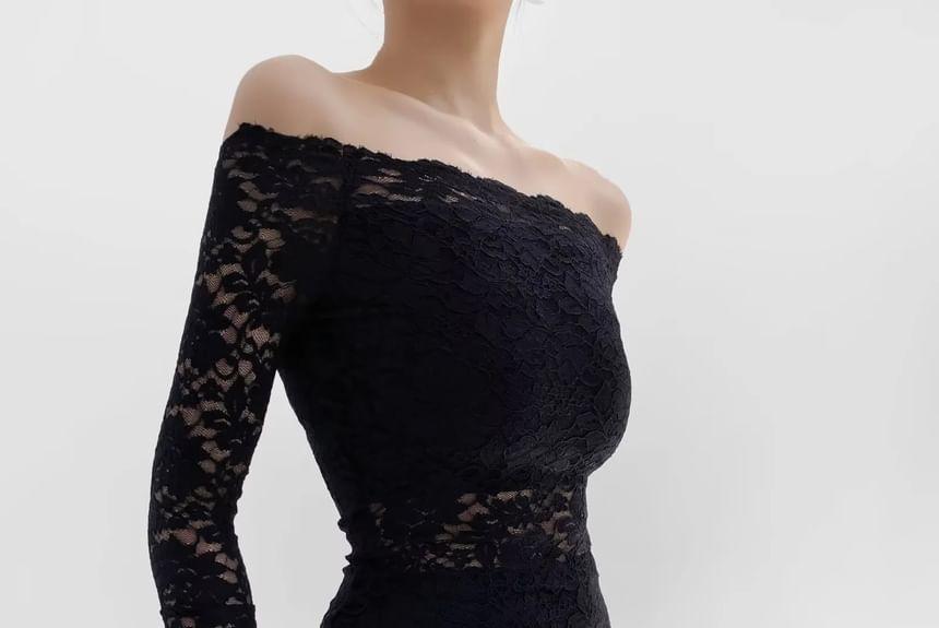 Flare-Sleeve Off Shoulder Lace Mini Bodycon Dress Product Image