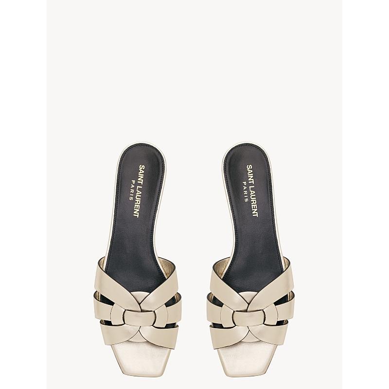 Saint Laurent Womens Tribute Mules in Metallic Leather Product Image