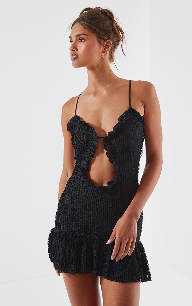 Black Textured Frill Hem Cut Out Mini Dress Product Image