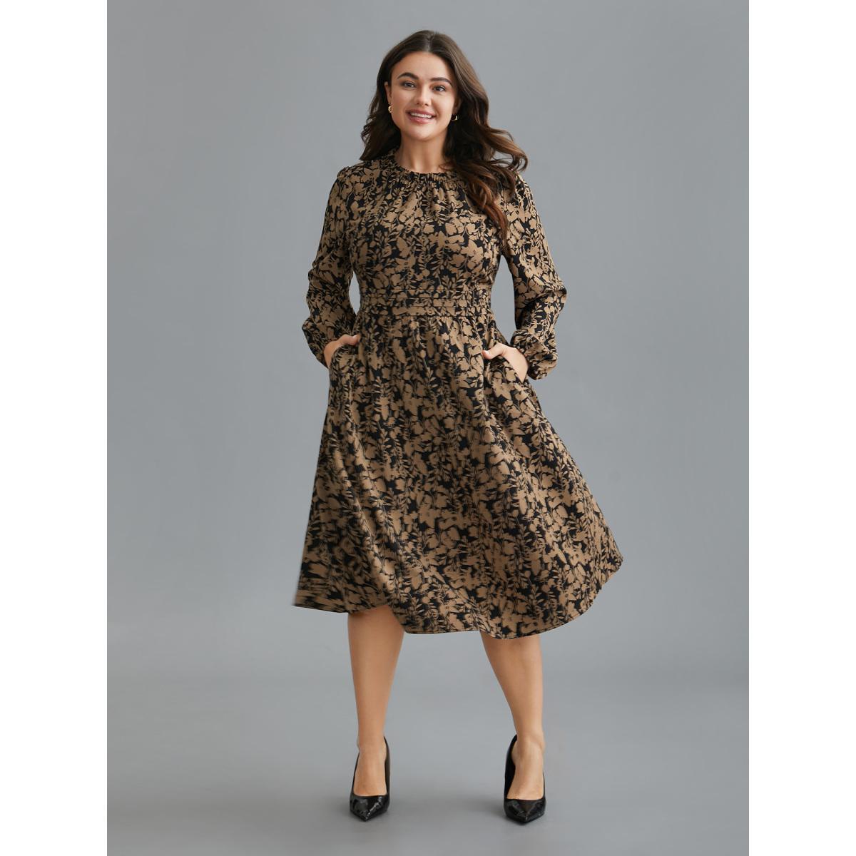 Plus Size Floral Mock Neck Ruffles Pleated Waist Dress Black Women Elegant Frill Trim Mock Neck Long Sleeve Curvy BloomChic 30/6X Product Image
