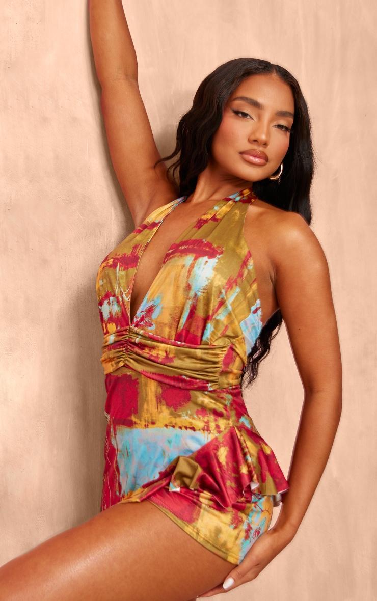 Multi Print Slinky Halterneck Drape Skort Romper Product Image