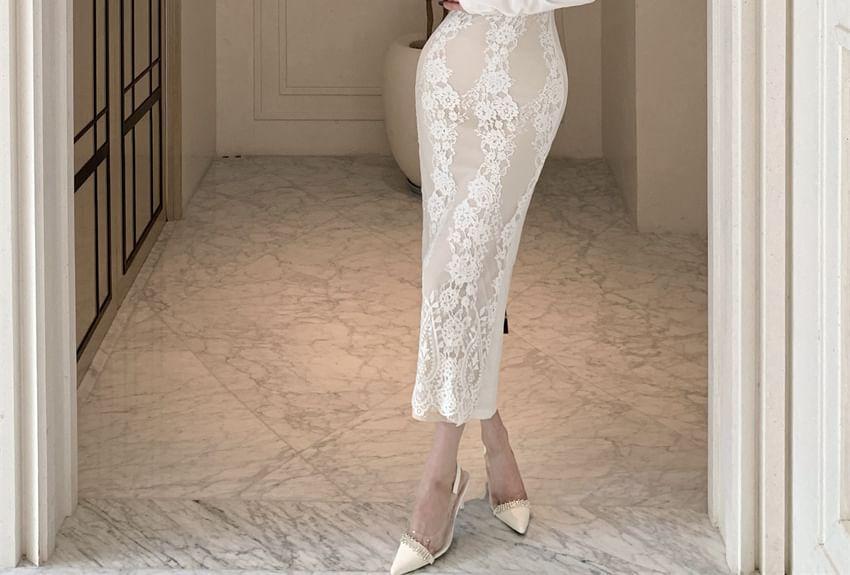 Long Sleeve Square Neck Floral Lace Maxi Bodycon Dress Product Image