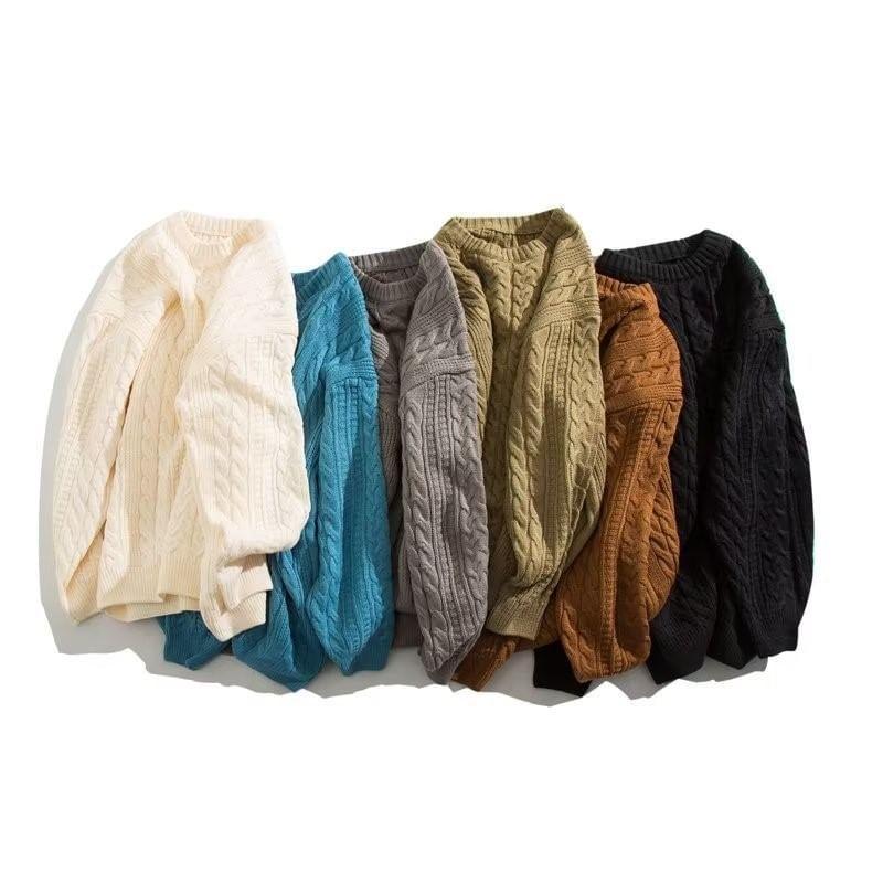 Crew Neck Plain Cable Knit Oversized Sweater Product Image