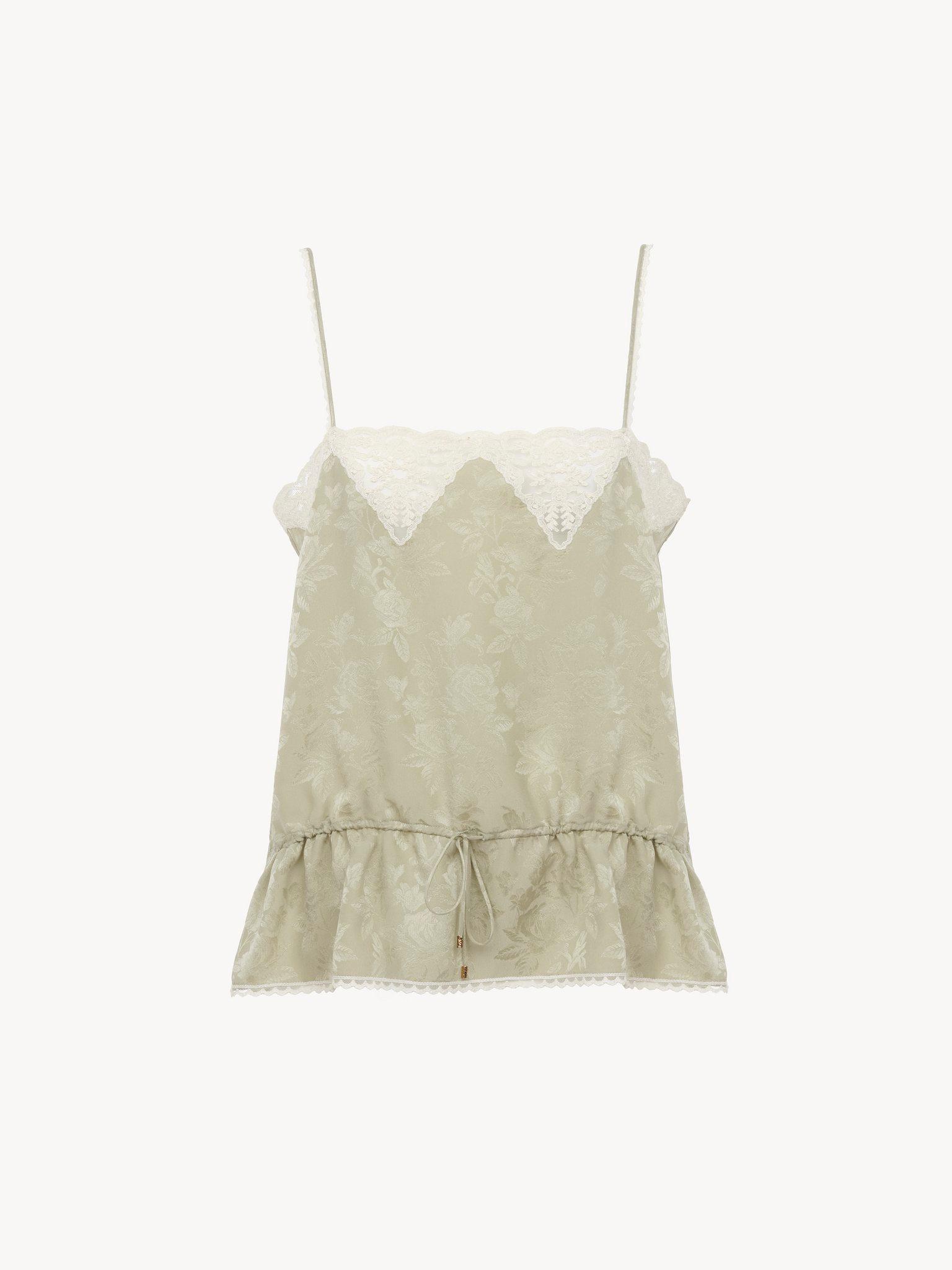 Drawstring camisole top in silk jacquard & lace Product Image