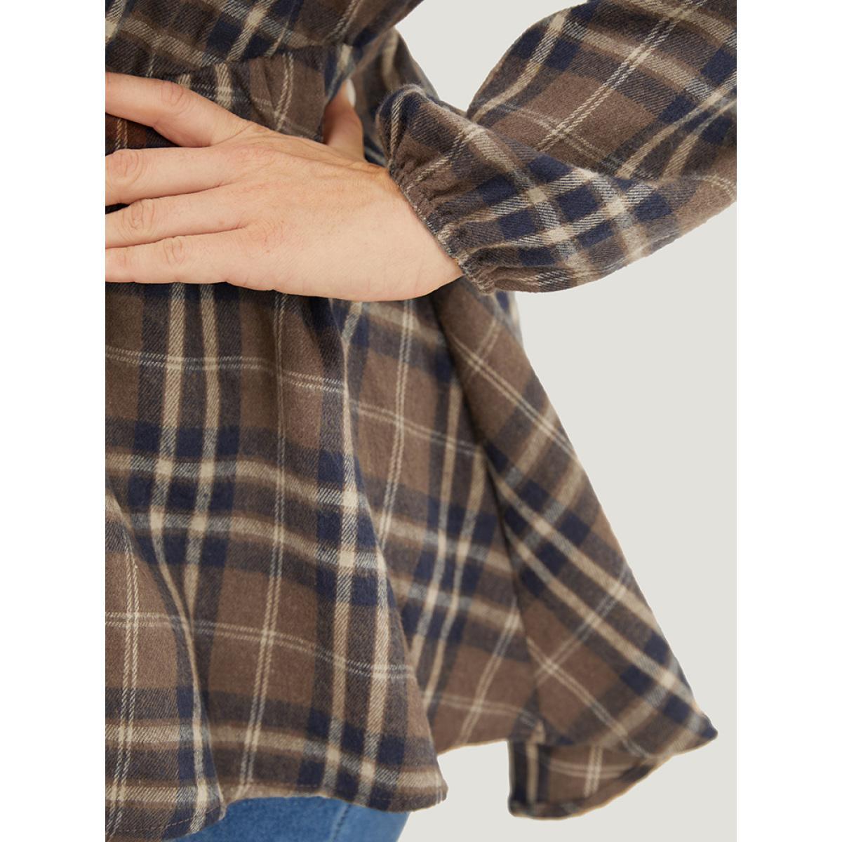 Plus Size DarkBrown Plaid Ruffles Trim Lantern Sleeve Asymmetrical Hem Wrap Blouse Women Elegant Long Sleeve V-neck Dailywear Blouses BloomChic 10/M Product Image